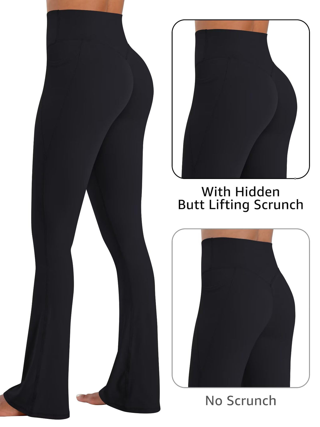 Sunzel No Front Seam Flare Leggings for Women with Pockets Hidden Butt Lifting Scrunch Tummy Control Mini Flared Yoga Pants 32" Inseam Black Medium