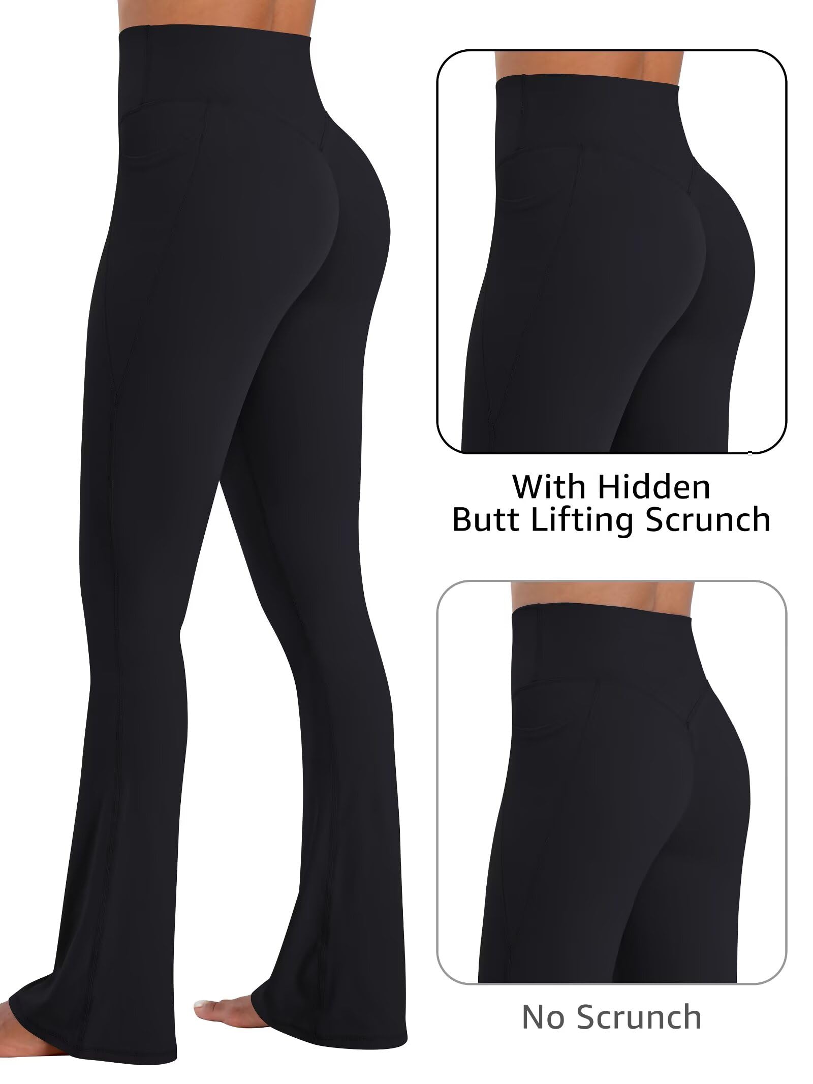 Sunzel No Front Seam Flare Leggings for Women with Pockets Hidden Butt Lifting Scrunch Tummy Control Mini Flared Yoga Pants 32" Inseam Black Medium