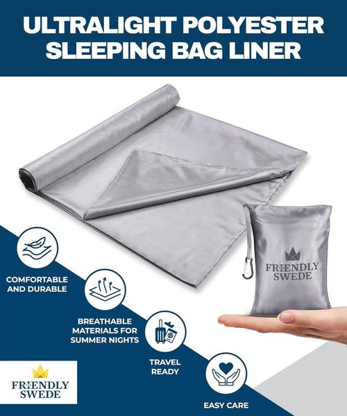 Friendly Swede Sleeping Bag Liner - Ultralight Polyester or Microfiber Adult Sleep Sack | Travel Sheets with Pocket-Sized Stuff Sack