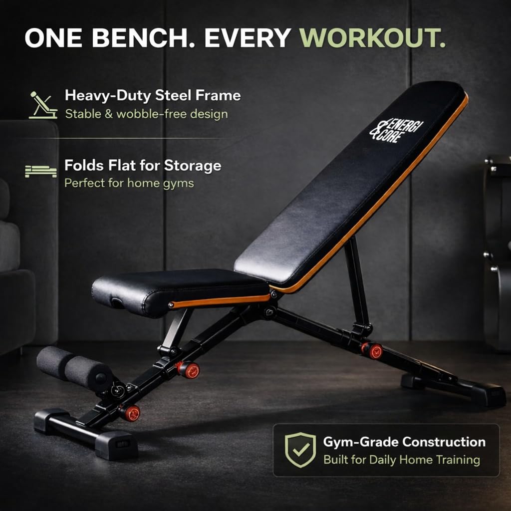 Adjustable Workout Bench for Home Gym – Foldable Weight Bench Incline Decline Flat for Full Body Strength Training | Compact Exercise Bench for Dumbbell & Fitness Workouts by Energi Core