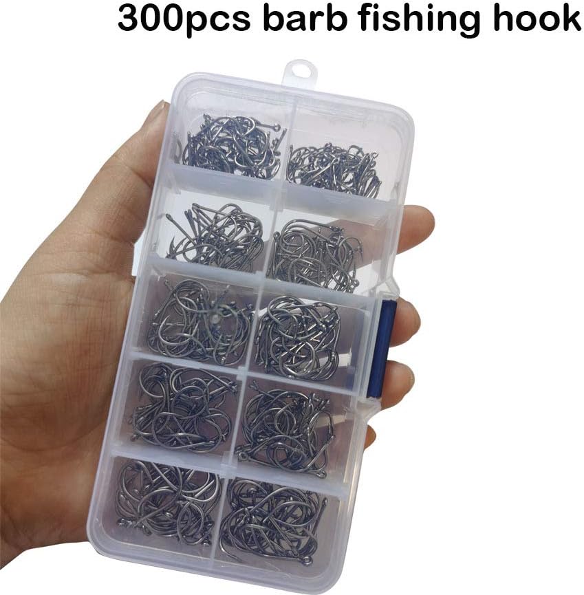 Skiennix 300pcs Fishing Hooks Set - Black High Carbon Steel with 6 Sizes & Plastic Box