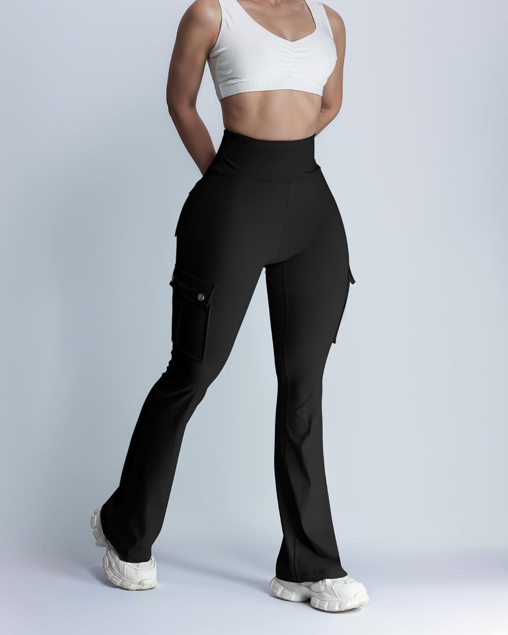 Wavar Women's Flare Leggings - High Waisted Butt Lifting Cargo Pants with Pockets | Tummy Control