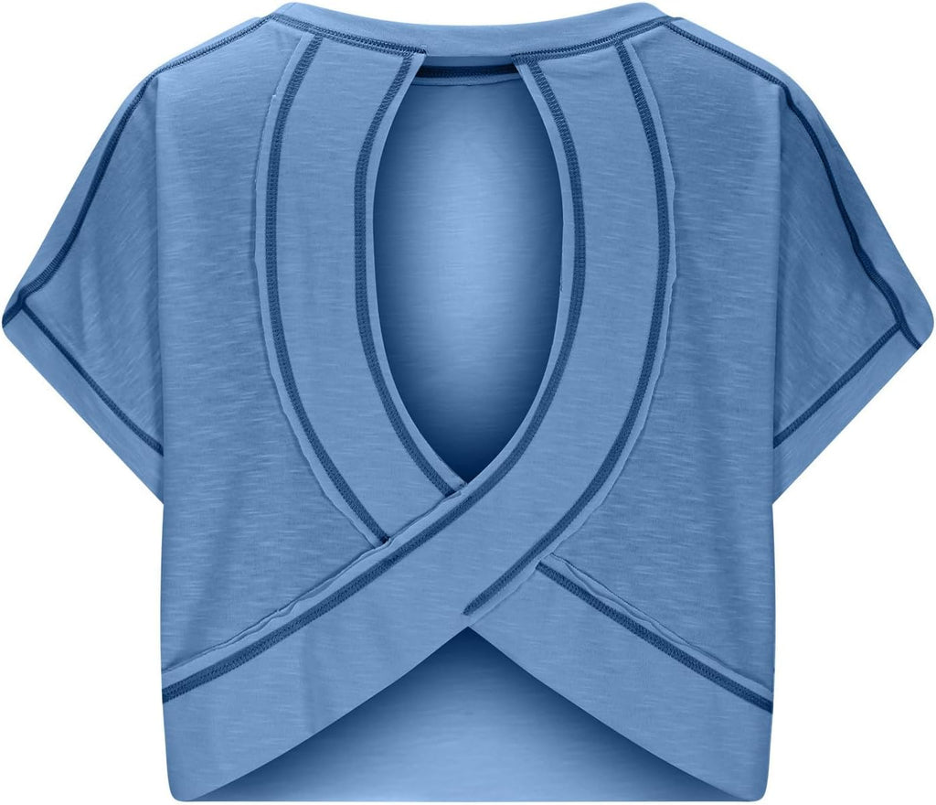 Skiennix Open Back Tops for Women - Backless Workout Short Sleeve Gym Tees | Slouchy Crop Design
