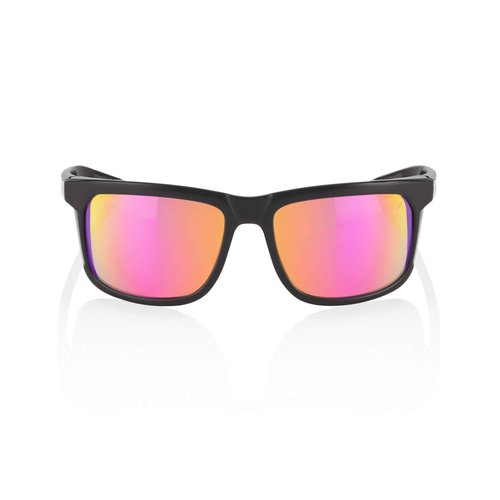 100% Hakan Sport Wrap Around Sunglasses - Durable, Lightweight Active Performance Eyewear w/Rubber Temple & Nose Grip (Polished Black - Purple Multilayer Mirror Lens)