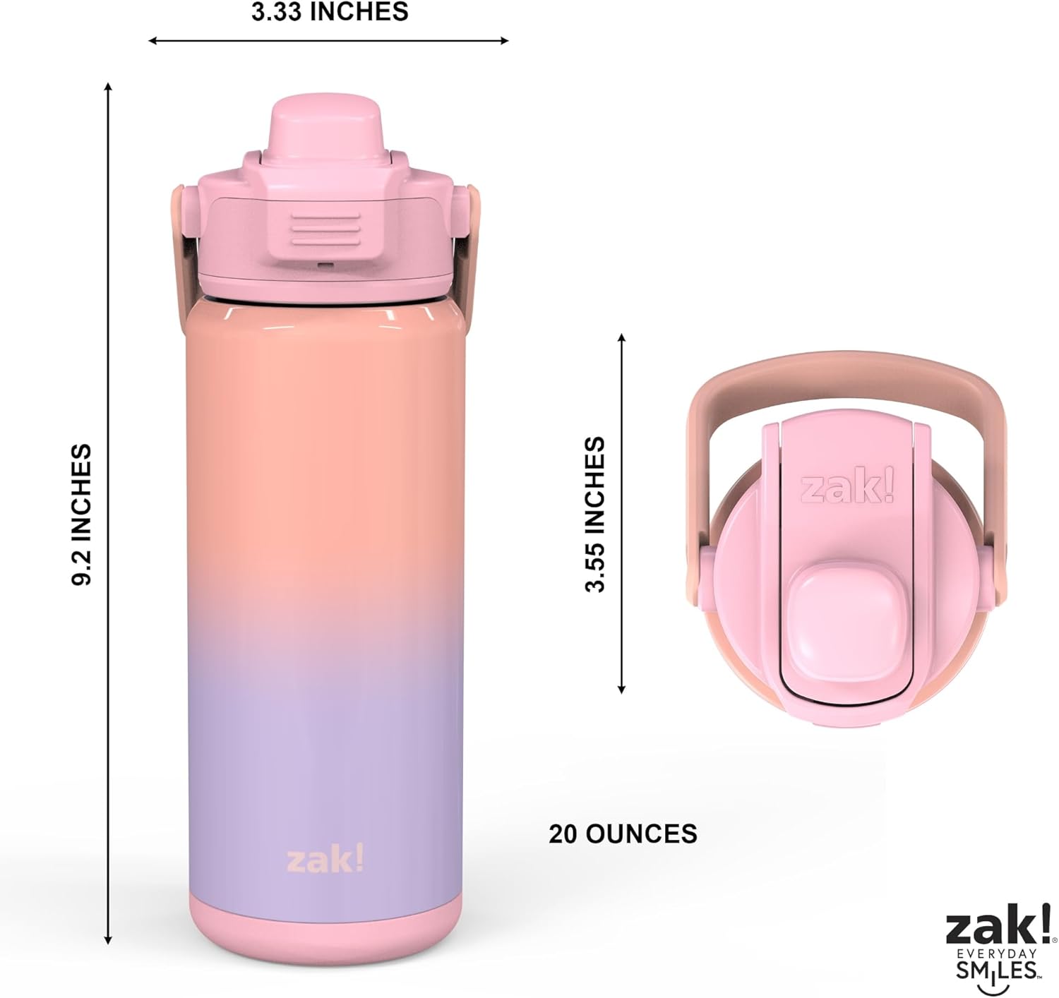 Zak Designs Beacon Insulated Bottle, Ombre Lavender - 20 oz - Durable Stainless Steel - Double-Wall Vacuum Insulation, Silicone Spout & Push-Button, Leak-Proof Lid - Dishwasher Safe