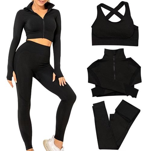 SINBRLAI Women's 3pcs Seamless Workout Outfits Sets, Yoga Sportswear Tracksuit Leggings and Stretch Sports Bra Fitness