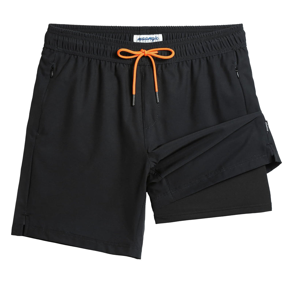 maamgic 2 in 1 Mens Swim Trunks 7 Inch Swim Shorts Swim Suits Board Shorts Black-Black XX-Large