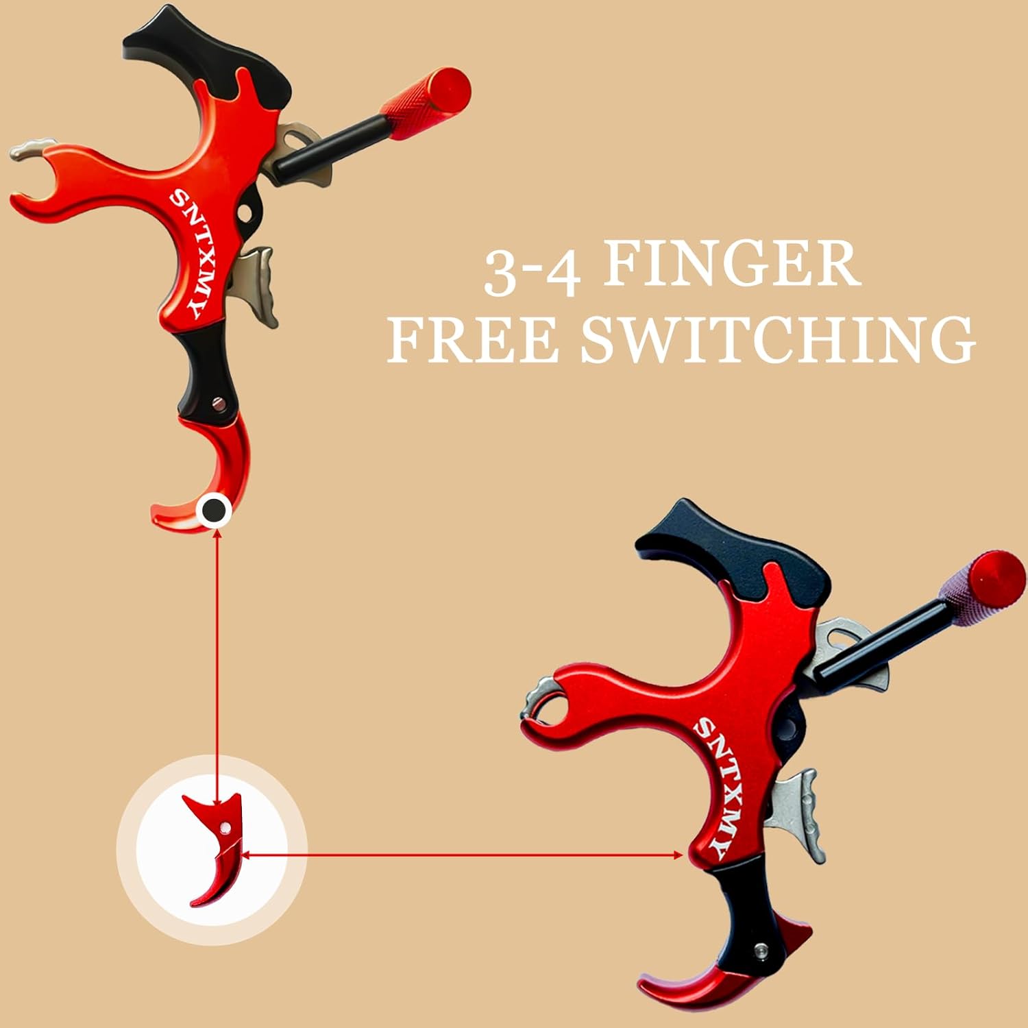 Skiennix Compound Bow Release - Aluminum 360° Rotating Trigger Thumb Release | Black-Red, 3 or 4 Finger