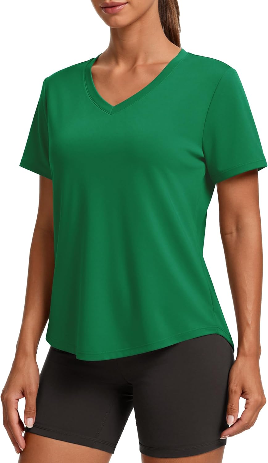 PINSPARK Soft Workout Tops for Women - Short Sleeve V-Neck, Moisture-Wicking, Quick-Dry Gym Shirt | UPF 50+ Sun Protection