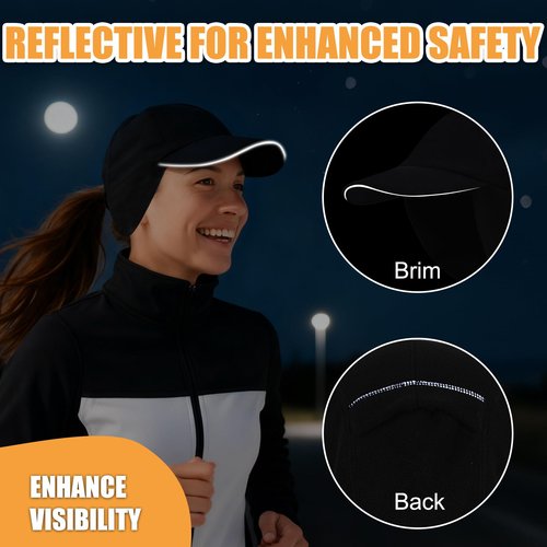 AYAMAYA Winter Running Hats for Women, Reflective Fleece Ponytail Hat with Drop Down Ear Flap for Running Hiking Black