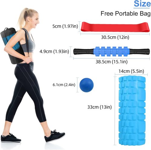 Aucuu Foam Roller Set - 5 in 1 Massage Tools with Yoga Stick, Ball, Strap & Carrying Bag | Blue