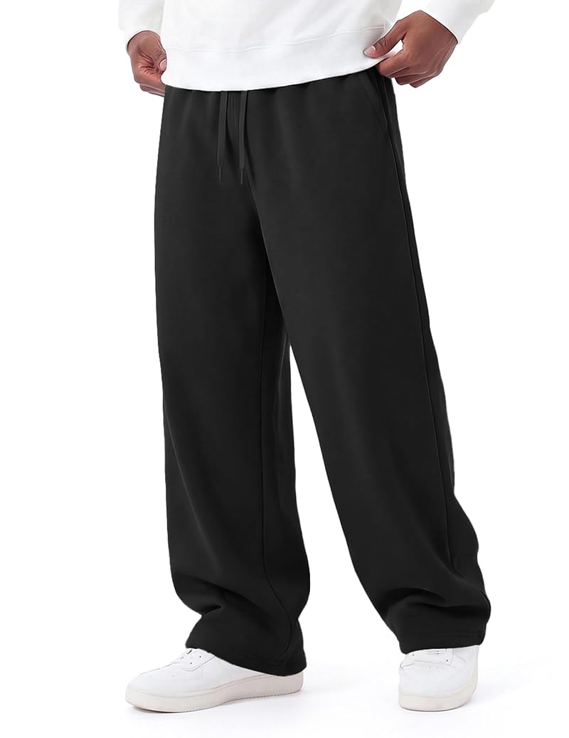 Baggy Sweatpants for Men – Cotton Fleece Wide-Leg Open Bottom, Elastic Drawstring, Deep Pockets (1-Black Large) - COOFANDY