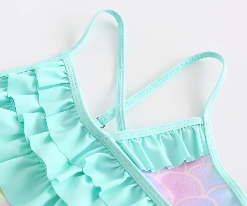 Girls Rainbow Mermaid One-Piece Swimsuit - Hawaiian Ruffle Bathing Suit (34+7-8 Years)