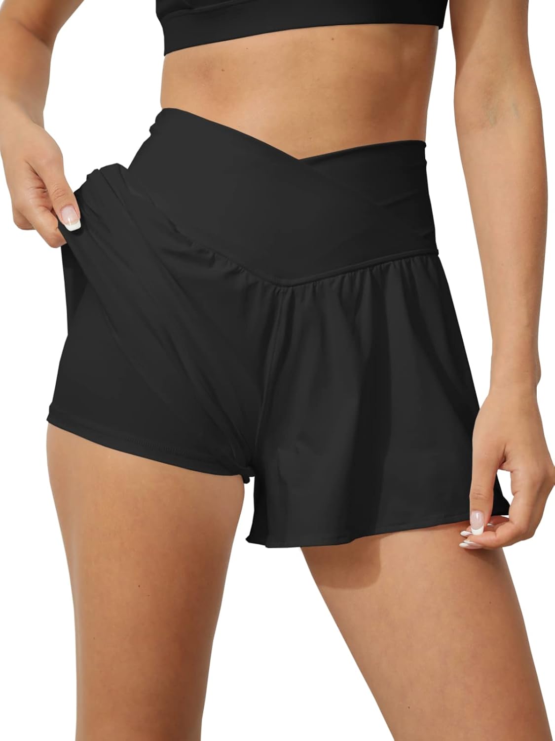 Tongmingyun Women's Crossover Athletic Shorts - Flowy 2-in-1 High Waist Skorts with Pocket for Running
