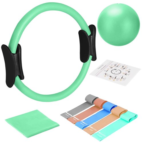 TOPZGLEEY Pilates Ring Set – 14" Anti-Deformation Magic Circle with Padded Handles, Mini Ball, 5 Resistance Bands, Guide, Pilates Equipment for Home Workout (Turquoise)