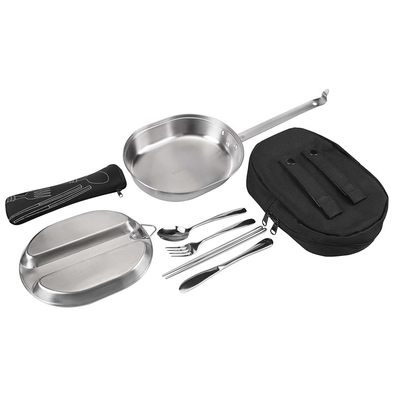 GI Type 304 Stainless Steel Mess Kit Plate Set with Utensils – Camping Dinnerware, Outdoor Eating Kit