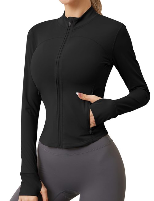 AKEWEI Workout Tops for Women Long Sleeve Lightweight Running Jacket Women's Black Workout Jacket Sports Jacket Black L