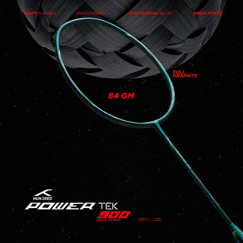 HUNDRED POWERTEK 900 Full Graphite Badminton Racquet with Cover (Emerald) | for Intermediate Player | Weight: 84 Gram | Maximum String Tension: 26lbs