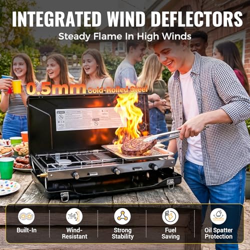 Black 3-Burner Portable Camping Stove - 20400BTU Propane Outdoor Cooker