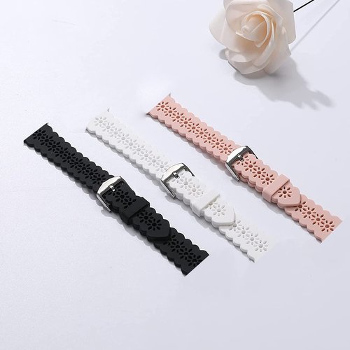 Compatible with Cubitt Viva Pro Smart Watch Band, Lamshaw New Silicone Lace Women and Men Slim Thin Hollow-Out Replacement Straps Compatible with Cubitt Viva Pro, Viva, Aura Pro, Aura Smart Watch (3 Pack-White+Black+Pink, 22mm size band)