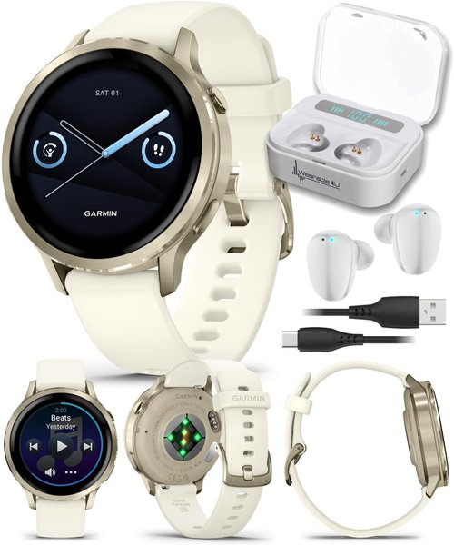 Garmin Venu 4 GPS Smartwatch - 41mm AMOLED Display, Built-In Flashlight, Lunar Gold & Bone Silicone Band | Wearable4U White Earbuds Bundle