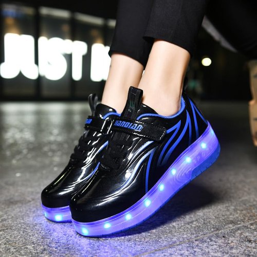 BFOEL Rechargeable Roller Shoes for Boys Girls Age 6-14 with LED Light-Up Kids Sneakers for Outdoor Play, Birthday Black-Blue