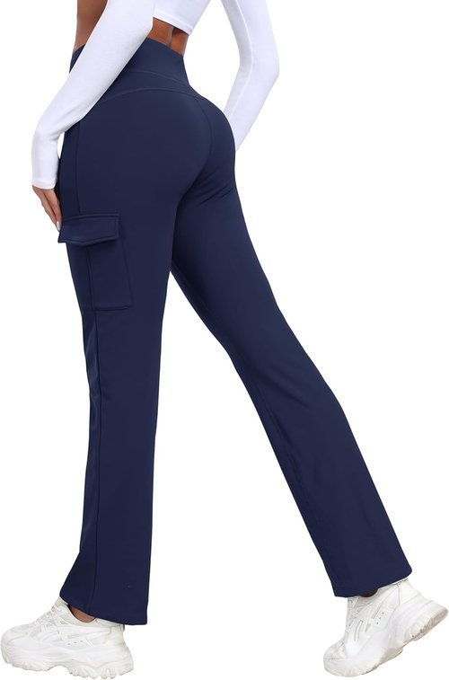 MoFiz Women's Fleece Lined Pants Winter Thermal Water Resistant Crossover Flare Leggings Warm Hiking Outdoor Sweatpants Navy L