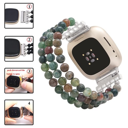 C&L Accessories Compatible for Fitbit Versa 4/ Versa 3/ Versa 2/ Versa Lite/ Sense 2/ Fitbit Sense Bands Beaded Bracelet Bands for Women Indian Agate