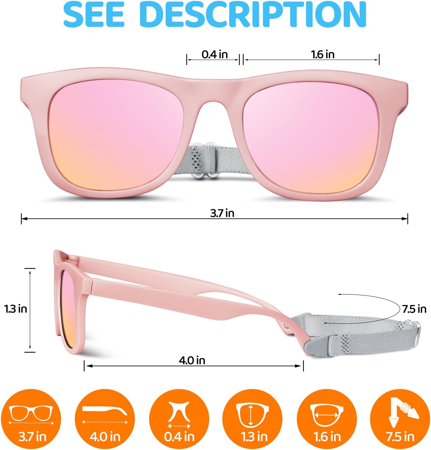 RIVBOS Baby Sunglasses - UV400 Polarized Protection with Flexible Strap | For Infants & Toddlers (0-24 Months)