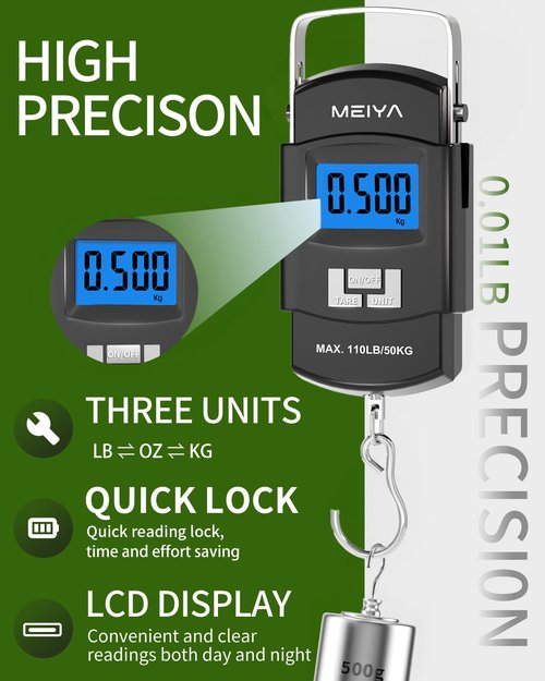 MEIYA Digital Fishing Scale - 110lb/50kg Capacity, Backlit LCD, Portable Handle & Stainless Steel Hook
