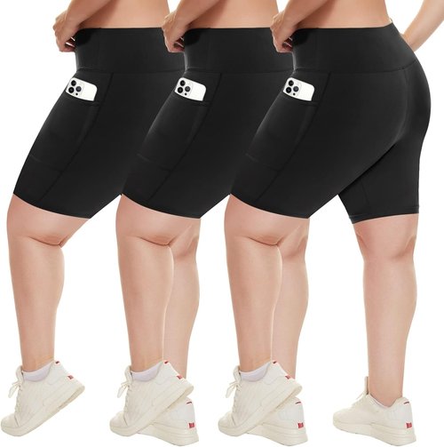 HLTPRO Plus Size Biker Shorts for Women - High Waist Tummy Control | 3 Pack (S-4XL) with Pockets