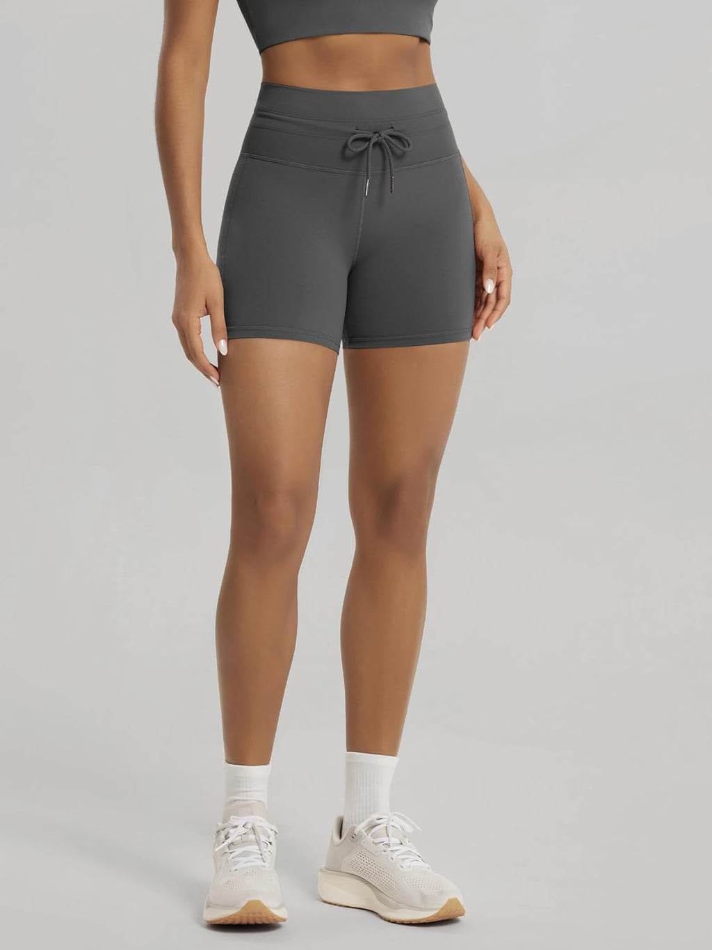 ODODOS Women's High Waist Workout Shorts - 5" Inseam Drawstring Tie Design for Yoga & Biking