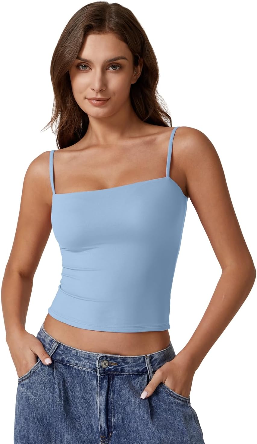 QINSEN Women's Adjustable Spaghetti Strap Tank Top - Double Lined Sleeveless Camisole Shirt
