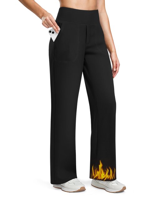 Soothfeel Fleece Lined Pants Women 29"/31"/33" High Waisted Wide Leg Sweatpants with Pocket Winter Warm Work Yoga Dress Pants Black Petite