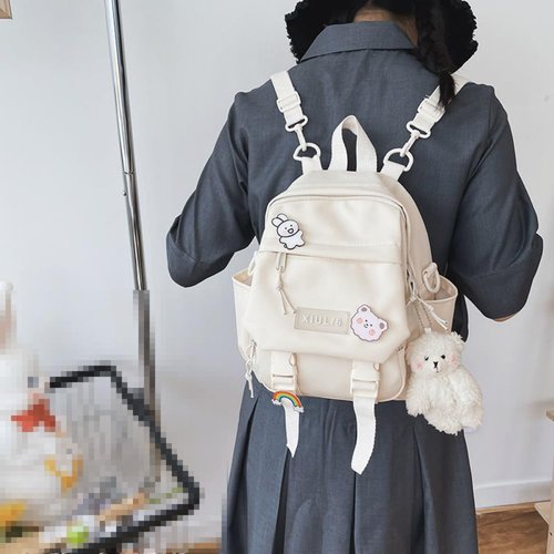 AlmondJoy Mini Backpack Aesthetic Backpack Cute Canvas Backpack Casual Travel Daypacks Solid Color (Bag Badge Bear,Purple)