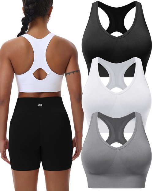 BLUELILY Women's Sports Bras 3 Pack Racerback Medium Support Bras V-Neck Padded Workout Seamless Yoga Athletic Bras