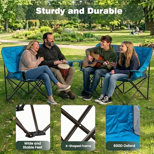 Oversized Double Camping Chair Loveseat for Adults, Blue, Non-Heating
