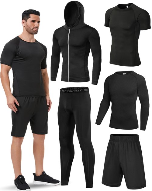 Antoyo 5Pcs Men Compression Workout Set,Compression Pants Shirt Top Long Sleeve Jacket for Gym,Men Athletic Baselayer Sets Running Breathable and Sweat Absorbing