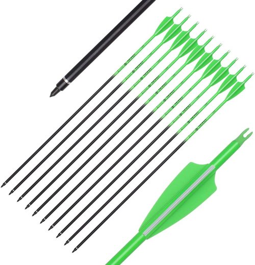 Elong 28" Carbon Hunting Arrows - 12PCS Spine 500 with 100 Grain Screw Tips | Green/Orange
