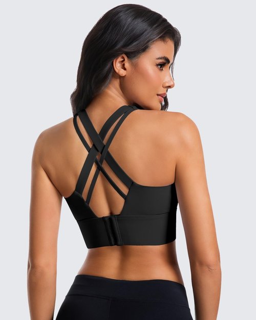 Eskmiry Zip Front Sports Bra for Women, High Support Criss-Cross Back Strappy Padded Workout Tops Supportive Gym Bras Black