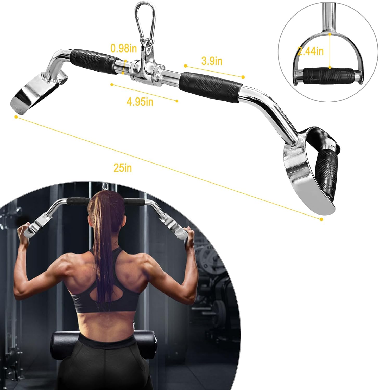 Skiennix LAT Pulldown Bar - Heavy Duty V-Shaped Cable Machine Attachment with Rubber Handgrips