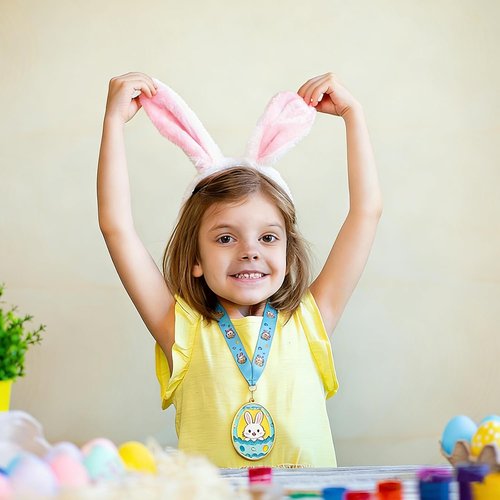 Gold Medals by Easter | 2.95 Inch Bunny Egg Shape Awards with Colorful Neck Ribbons for Egg Hunt Parties