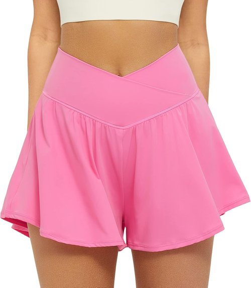 FireSwan Women's Crossover Athletic Shorts - 2-in-1 Flowy Running Shorts with Pockets & Spandex | Butterfly Design