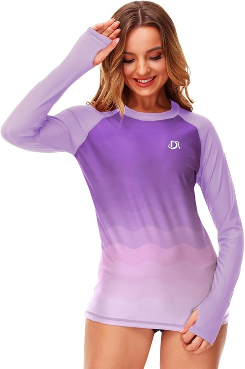 Deerose Women's Gradient Rash Guard - UPF 50+ Surfing Swim Shirt with Thumb Hole