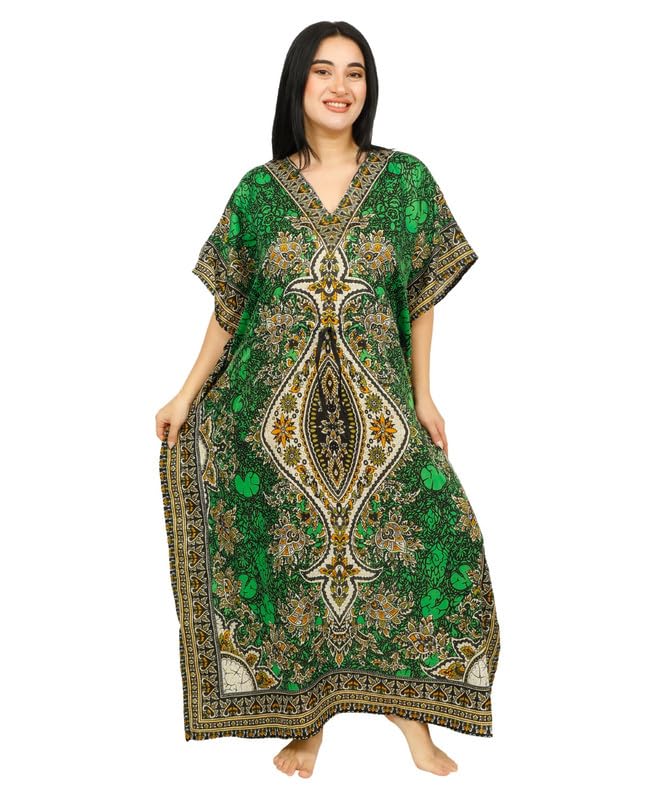 Women's Long Kaftan Maxi Dress - Green, One Size Beach Cover Up