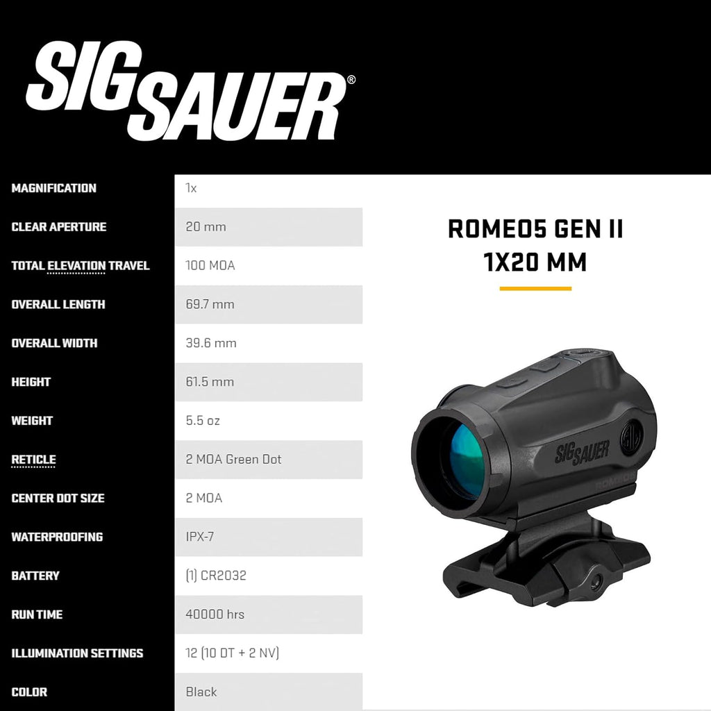 SIG SAUER Romeo5 Gen II 1x20mm Compact Dot Sight - Durable, Waterproof, 12 Illumination Settings