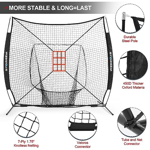 Black 7x7 Baseball Softball Practice Net with Tee, Ball Caddy & Strike Zone