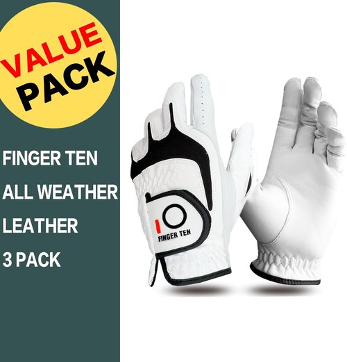FINGER TEN Premium Golf Gloves - Cabretta Leather, All-Weather Grip, 3 Pack, Sizes S-XL for Men