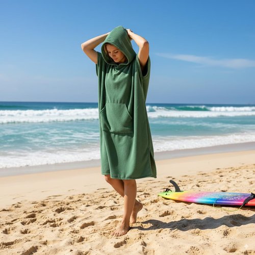 Eunzel Surf Poncho Changing Robe with Hood for Men & Women, Absorbent Quick Dry Microfiber Wetsuit Changing Towel with Pocket for Surfing, Beach, Swim & Outdoor Sports, Army Green