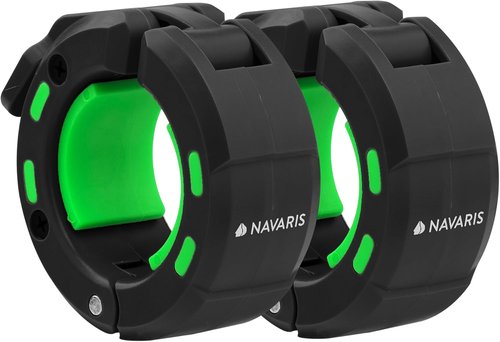 Navaris Barbell Locking Collar 2-Pack - 2-Inch (5cm) Olympic Weight Lifting Clamps with Quick Latch & Magnetic Design - Easy to Use Clamp - Lightweight Clips for Bar - Black/Green
